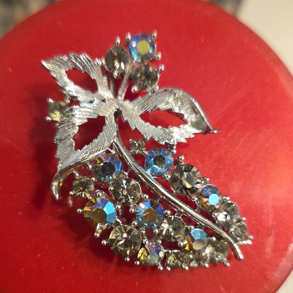 Sparkling Silver and Blue Crystal Leaf Brooch
